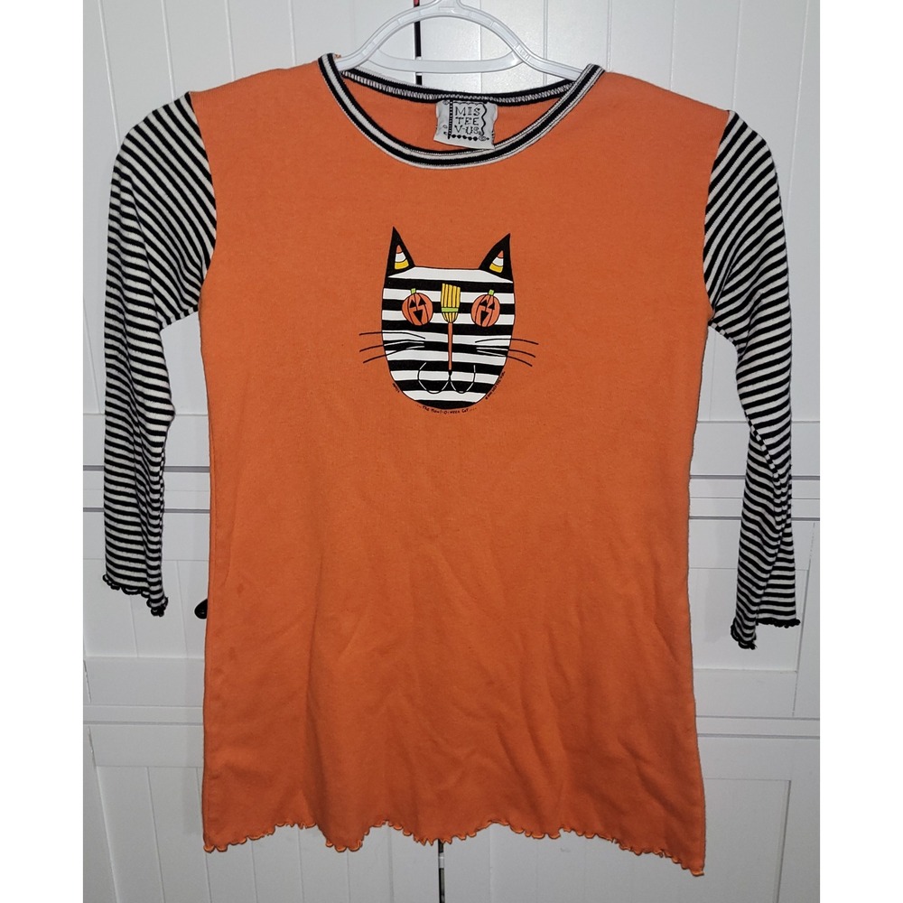 Mis-Tee-V-Us Girls Orange Halloween Cat Striped Sleeve Graphic Tunic Size 6X/7